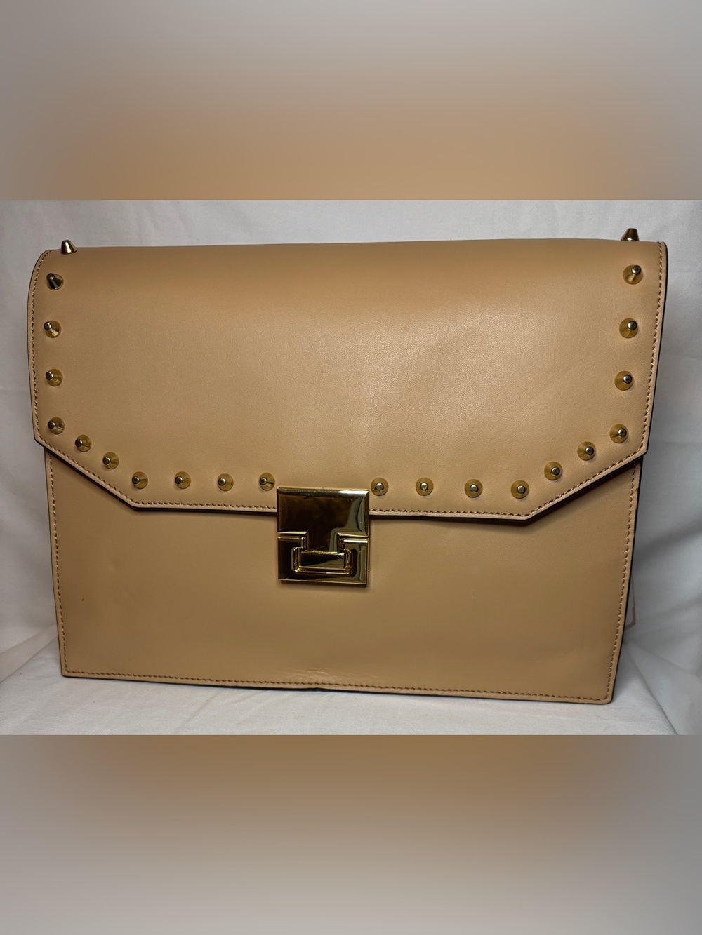 Ivanka Trump Tan Leather Stud-Trim Envelope Clutch with Gold Tone Hardware